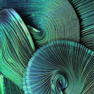May include: Abstract image of teal and green fabric folded and pleated into a swirling pattern.