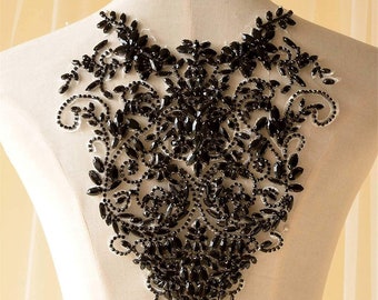 Black Beaded Lace Applique for Evening Gown Black Rhinestone Bodice Beading Embellished for Formal Dress Decor