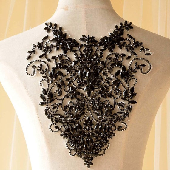 Black Beaded Lace Applique for Evening Gown Black Rhinestone