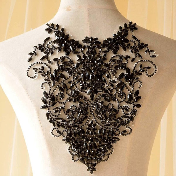 Black Beaded Lace Applique for Evening Gown Black Rhinestone Bodice Beading Embellished for Formal Dress Decor