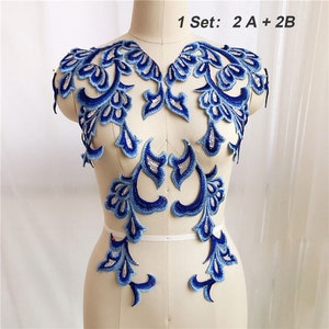 Blue Sewing Applique Sequins Lace Motif Trims Embroidery Pattern Decorative Patches For Craft Projects Lyrical Gown 1 Pair