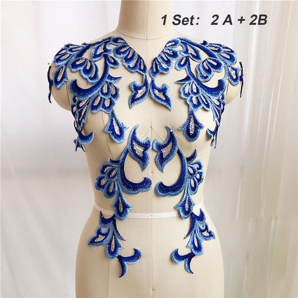 Blue Sewing Applique Sequins Lace Motif Trims Embroidery Pattern Decorative Patches For Craft Projects Lyrical Gown 1 Pair