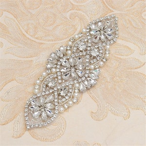 Rhinestone Garter Applique Hot Fixed Crystal Pearl Patch for Wedding Application Dress Belt Head band making