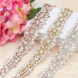 Crystal Rhinestone Bridal Belt Applique Silver Crystal Applique Embellished Iron on Trims for Wedding Dress Belts headband Sold By 1 Piece