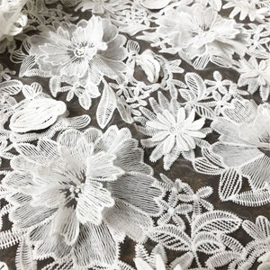 White Organza Lace Fabric 3D Flower Embroidery Lace Overlay 51&quot; Wide Wedding Dress Tulle l lace Mesh for Bridal Wedding Dress By 1 yard