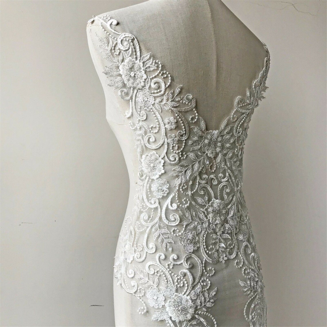23588 Beaded V Neck Floral Lace Quarter Sleeves Dress