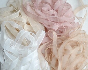 Pure Silk Chiffon Ribbon with Picot Edge, Sheer Silk Ribbon for Wedding Invitations, Bridal Bouquet, Gift Wrapping, DIY Crafts