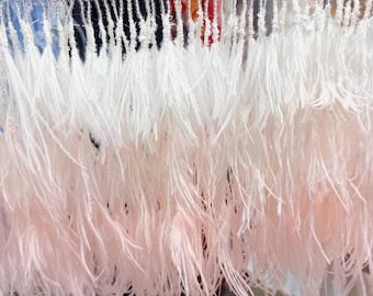 Ombre Ostrich Feather Fringe Trim with Beaded Header, White Pink Gradient Feather Ribbon for Bridal Wedding Gown Costume DIY Sewing Trim