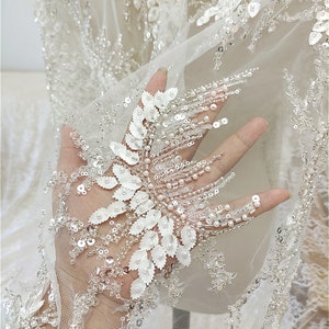 Gorgeous Beaded Flower With Sequins Lace Fabric Rosette Embroidery Tulle Blossom Flower Lace Gauze 53'' Width for Wedding Dress Bridal Gown