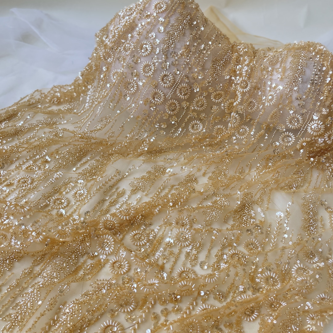 Bridal Beige Fabric, Heavy Beaded Fabric, Gown, Prom & Evening Wear, Rhinestones, Pearls