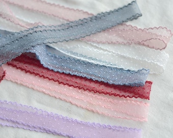 Scalloped Mesh Lace Trim, Vintage Swiss Dot Ribbon for Lingerie, Hair Bows, Doll Clothes Sewing, Delicate Pastel Tulle Trim by Yard