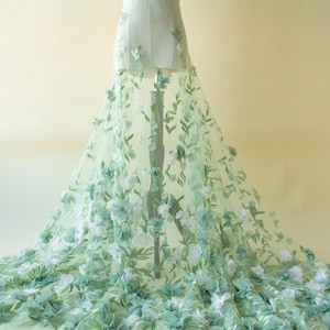 Blossom Lace Fabric Green 3D Chiffon Flower Embroidery 59 inches Width Vines Wedding Lace for Bridal Dresses Evening Gown Sold by 1 yard