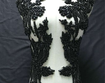 Nero pesantemente strass fiore patch cristallo applique ricamo perline cucire appliques per abito da sposa corpetto da sera