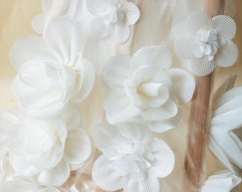 3D Ivory Flower Lace Fabric, Pleated Floral Tulle Lace for Bridal Gown, Wedding Veil Fabric, DIY Sewing Craft Material, Fabric by Yard