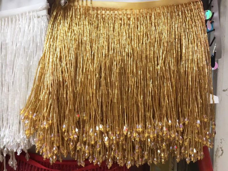 Dangling Fringe trim,Beaded Fringe Trim,Heavy Bead Trimming for Dance Costumes ,Party Dress Sold by 1 yard Gold