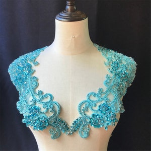 Turquoise Bridal Bodice Rhinestone Floral Motif Flower Patches Crystal Applique Embroidery Sewing Appliques for Bridal Gown Evening Bodice