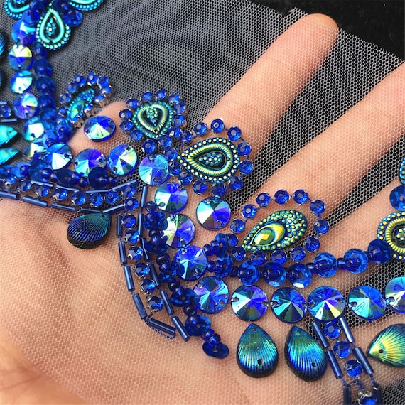 beaded appliques for wedding dresses Bling Applique V-neck Rhinestone Sequin Trim Bridal Applique Design Patch Sew on Dress Neckline Belt Decor Color:Eyelet Azzurro