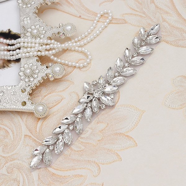 Crystal Patch Rhinestone applique belt Trimming Hair Band Hot Fixed Applique attached Bridal Accessories for Bridal Gowns Sash Belt 1 pc