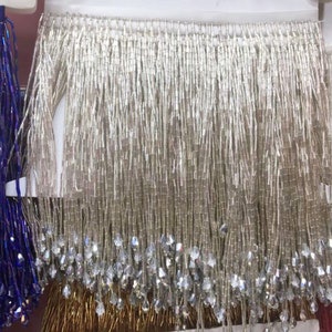 Garniture à franges pendantes, garniture à franges perlées, garniture à grosses perles pour costumes de danse, robe de soirée vendue par 1 mètre Argent