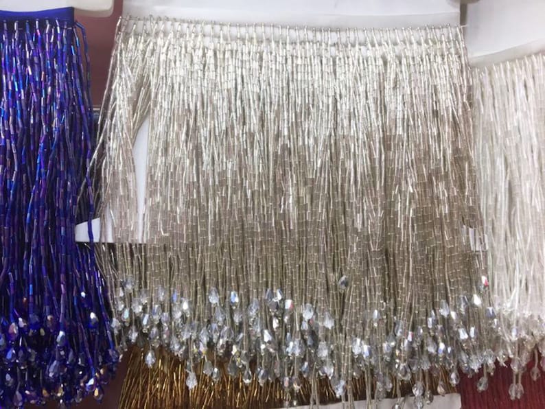 Dangling Fringe trim,Beaded Fringe Trim,Heavy Bead Trimming for Dance Costumes ,Party Dress Sold by 1 yard Silver