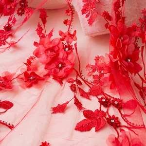 Red 3D Rose Lace Fabric Rosette Embroidery Blossom Embroidery Vines Lace Fabric Lace Gauze 55&#39;&#39; Width for Wedding Dress Bridal Gown 1 yard
