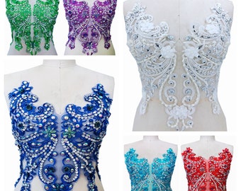 Colorful Rhinestone Appliques Beaded Embroidery Flower Bodice Applique Accents on for Carnival Costumes,Party Suits