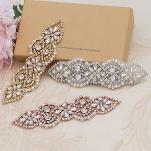 Hot Glued Crystal Strass Applique met parels voor trouwjurk riem bruids kousenband zendspoelsels