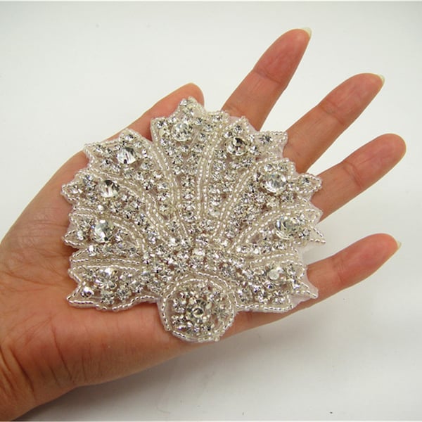 Hot Glued Rhinestone applique Shimmer Shell Crown Dance Costumes Patch Crystal Applique for Prom Party Dress Belt,Headband
