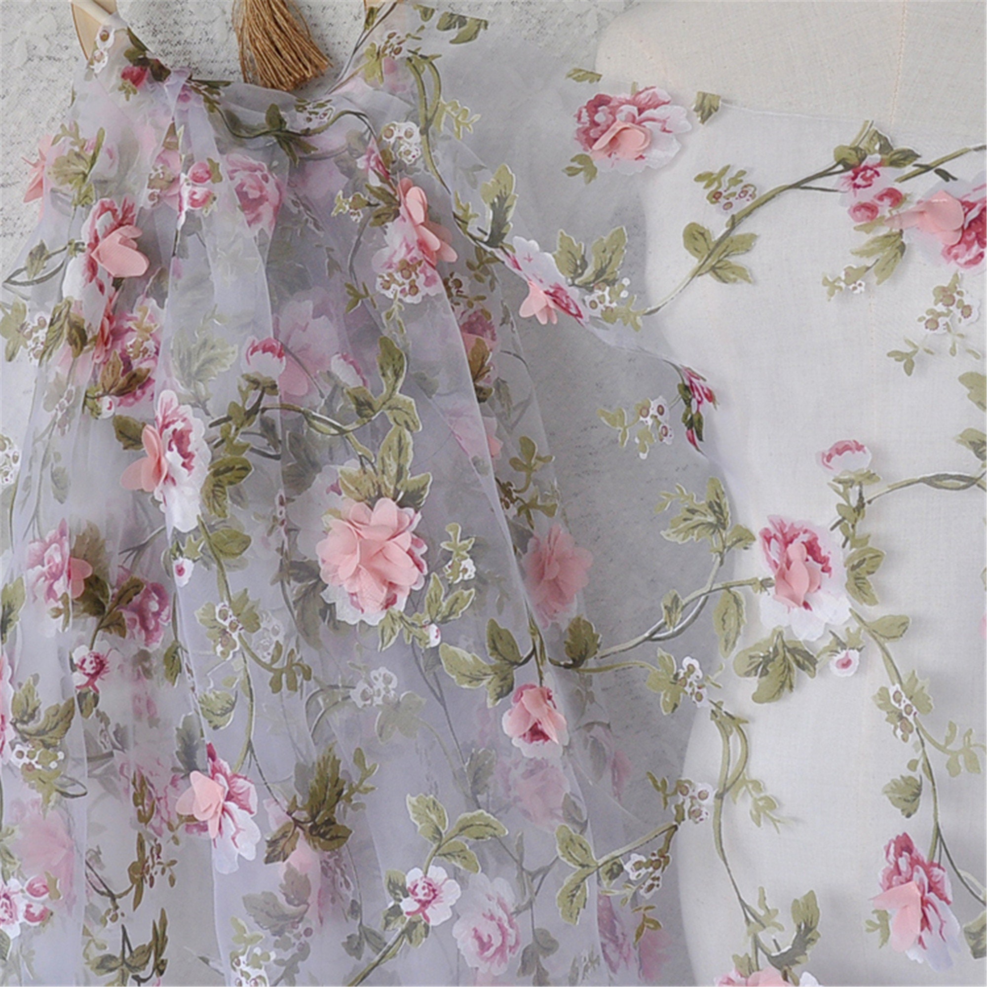 Organza Printed Flower Fabric With 3D Flower Embroidery