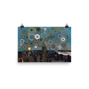 Impression sur toile New York, art abstrait, horizon de New York, peinture sur les toits de la ville, impression de fleur de vie, affiche de New York