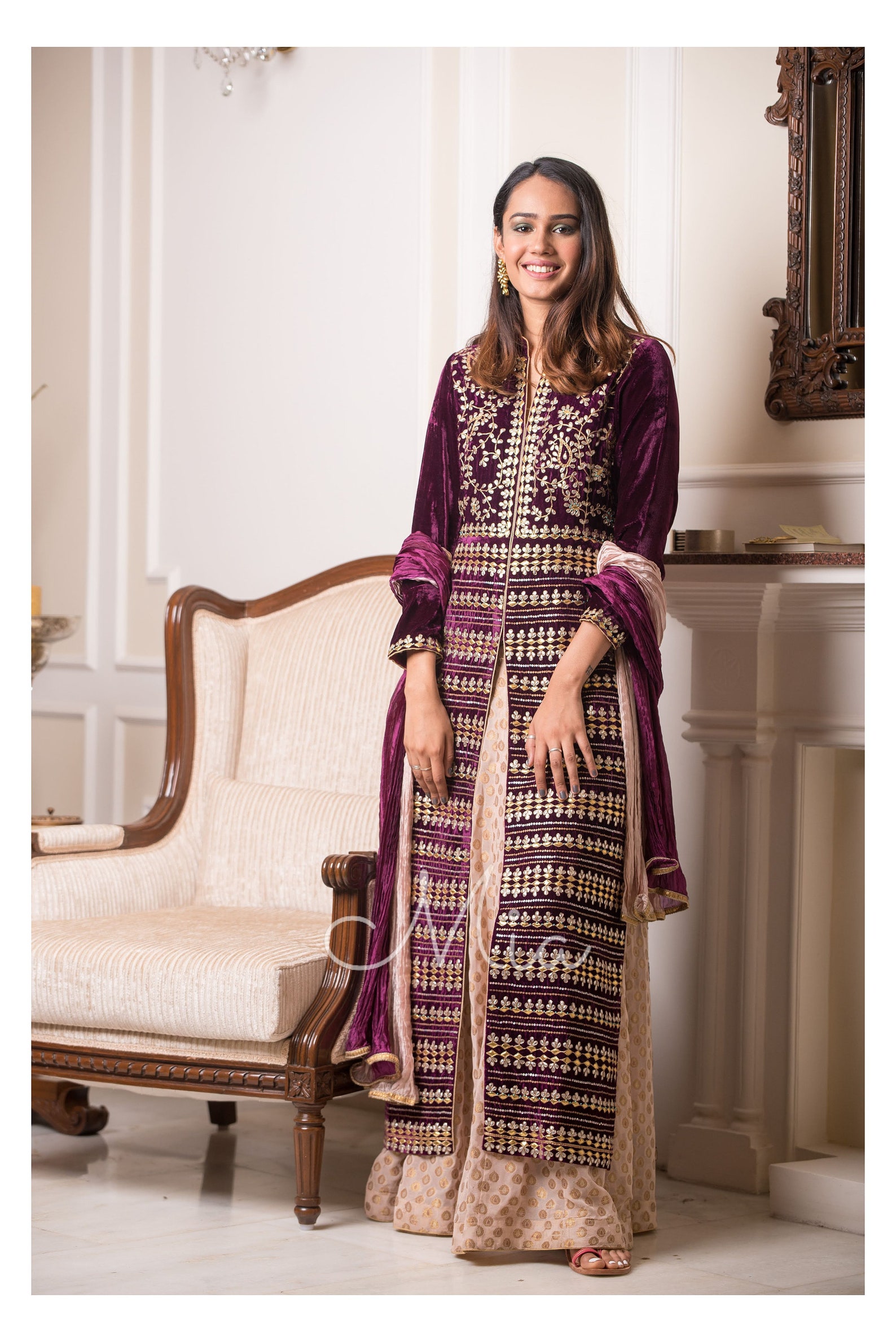 Wine color velvet suit with ethnic gold hand embroidery Etsy