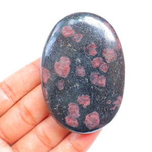 Op de afbeelding: Een ovaalvormige, gepolijste steen met een donkergrijze basis en verspreide rode insluitsels. De steen wordt in een hand gehouden tegen een witte achtergrond. Het oppervlak van de steen is glad en reflecterend.