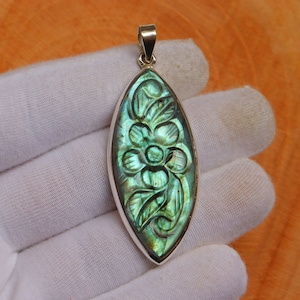 Blumen schnitzen Labradorit Silber Anhänger, 925 Sterling Silber Anhänger, Natürliche Labra Anhänger Schmuck, Geburtstagsgeschenk, handgemachte Anhänger