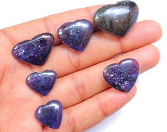 Lote de 6 piezas, ¡¡Lo mejor!! Piedra de corazón de iolita y piedra solar, corazón de iolita natural, fuego de iolita con destellos de piedra solar, piedra de corazón de iolita y piedra solar