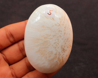 May include: White oval cabochon with a brown and white marbled pattern. The cabochon has a smooth, polished surface and is approximately 2 inches in length.