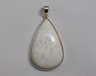 May include: A pear-shaped pendant with a silver-colored frame. The pendant features a white, textured stone with small, dark spots. The bail is also silver-colored. The pendant is displayed against a light gray background.