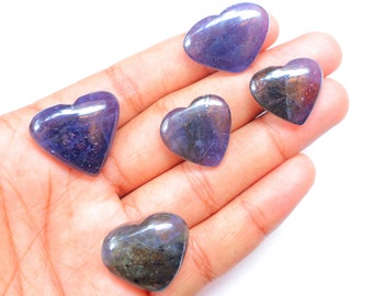 Lote de 5 piezas, ¡¡Lo mejor!! Piedra de corazón de iolita y piedra solar, corazón de iolita natural, fuego de iolita con destellos de piedra solar, piedra de corazón de iolita y piedra solar