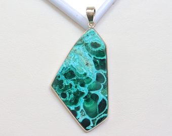 Ciondolo in malachite crisocolla vellutata, argento sterling 925, gioielli di design in malachite crisocolla, ciondolo in malachite, ciondolo fatto a mano