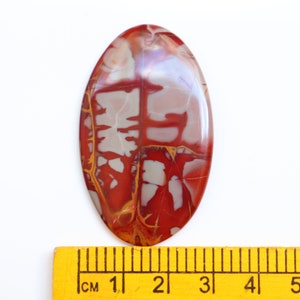 May include: A red, white, and gold oval-shaped cabochon gemstone with a unique, abstract pattern. The gemstone is approximately 3 cm long and is displayed next to a ruler.