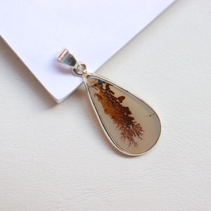 May include: A teardrop-shaped pendant with a silver bail and a brown and white agate stone. The agate has a dendritic pattern.