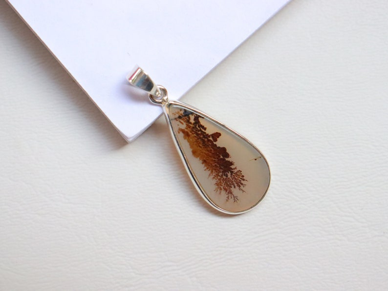 May include: A teardrop-shaped pendant with a silver bail and a brown and white agate stone. The agate has a dendritic pattern.