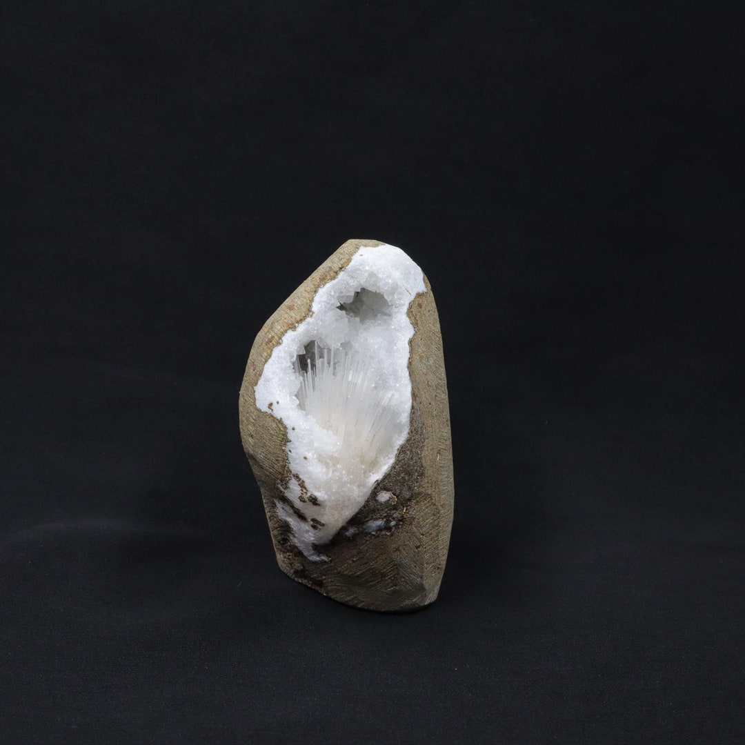 Superb Scolecite Spray Inside Quartz Geode, Natural Scolecite