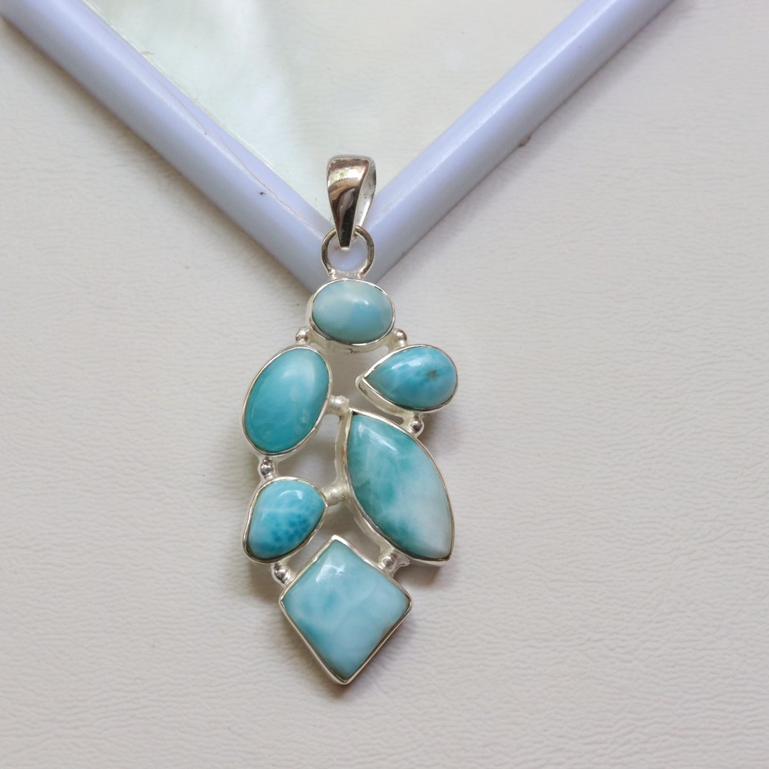 Pendentif En Larimar Naturel Bleu Serti Argent 925 - Pierre Fine Des Caraïbes