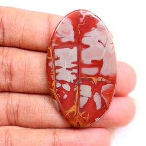 May include: A red, white, and orange oval-shaped cabochon gemstone with a unique, swirling pattern. The stone is smooth and polished.