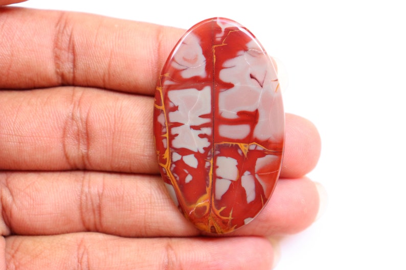 May include: A red, white, and orange oval-shaped cabochon gemstone with a unique, swirling pattern. The stone is smooth and polished.