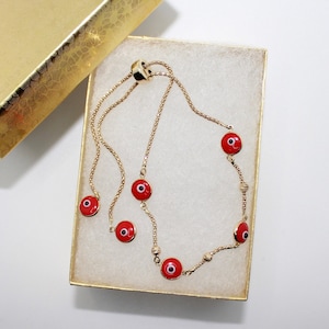 14K Gold Red Evil Eye Ojo Adjustable Bracelet For Women/Girl | Fine Dainty Gold Jewelry Bracelet Stack