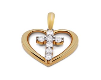 14K Yellow Gold US Flag With Cross Heart Pendant With  display picture 1