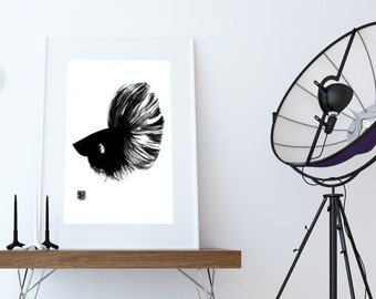 black betta fish art/ betta fish decor/ fighting fish/ fish art print/ minimalist art/ minimalistic art/ zen wall art/ black and white print