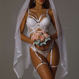 Handmade White Wedding Lingerie Set – Lace Push-Up Bra, See-Through Panties and Garter Belt, Custom Bridal Underwear for Wedding Day & Night