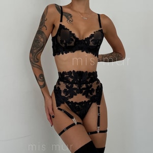 lace lingerie see through, garter belt custom lingerie, seductive babydoll lingerie, elegant floral black lingerie, boudoir sexy underwear